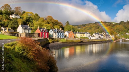 A rainbow arching over a charming riverside village
