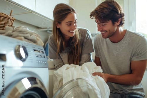A young couple's faces show exhaustion as they stare at the pile of dirty laundry in front of the washing machine, their only ally in the never-ending battle against household chores