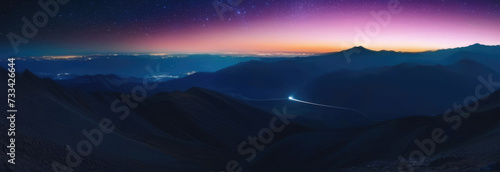 Aviation and Cosmonautics Day, International Day of Human Spaceflight, comet flight, Milky Way, mountain peaks, village in the mountains, top view, horizontal banner