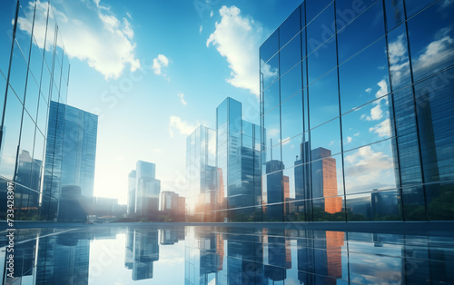 abstract scene with glass skyscrapers and reflection on the floor.