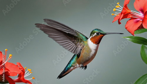 beautiful vibrant colored humming birds flying and aiming on a flower nectar