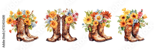 Cowboy boots with flower bouquets. Cowboys fashion shoes, decorative stylish elements. Spring or summer garden design, cowgirl boot vector icons