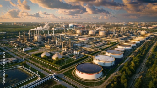 Gas storage tanks and a sprawling oil refinery plant dominate the industrial landscape, showcasing the scale and infrastructure of the petroleum industry