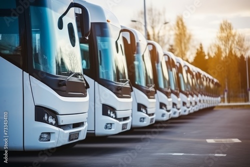 large tour bus rides along parked minibuses