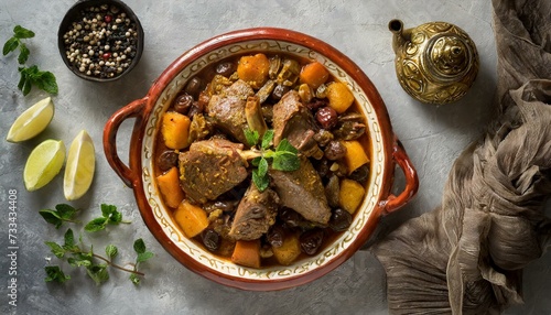 Delicious traditional moroccan lamb tagine seen from above