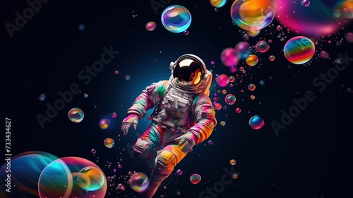 Mężczyzna w skafandrze kosmicznym unoszący się w bańkach mydlanych w nicości