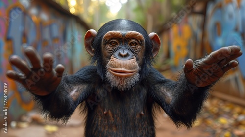 Szympans uspokaja odbiorcę, widza. Gest pokoju i spokoju