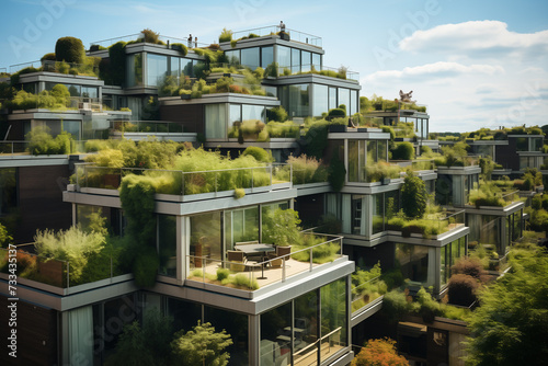 Green roofs and walls of buildings. Green gardens in the skyscrapers and buildings. Ecological skyscrapers, vertical forest. They are self-sufficient by using renewable energy from solar panels