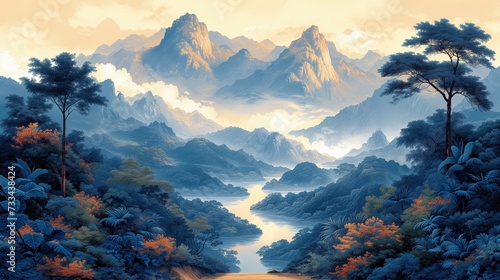 Na obrazie widać krajobraz górski z rzeką płynącą przez niego.