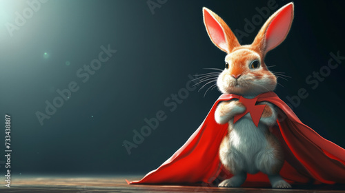 The rabbit in a superhero costume. easter bunny. Superhero bunny, creative picture of cute animal wearing cape jumping and flying. Leader, funny animals studio shot