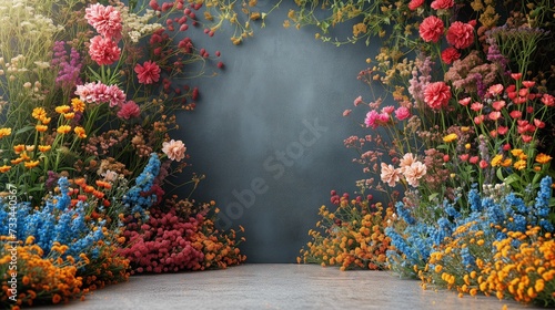 Wspaniały widok ogrodu wypełnionego licznymi kolorowymi kwiatami. Backdrop, Mockup