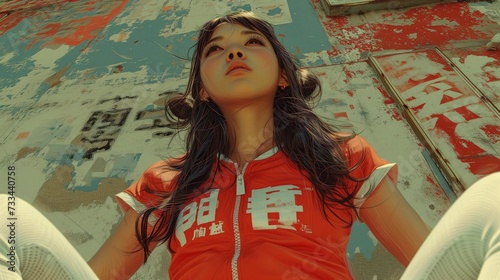 Azjatka w ulicznym stroju, w czerwonej koszulce i białych spodniach stoi na tle grafitti