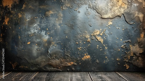 Fotografia przedstawia drewnianą podłogę z widocznym zardzewiałym murem w tle.