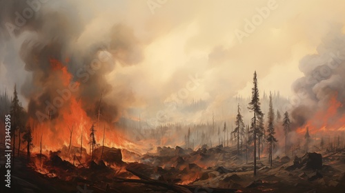 Overview photograph of large scale forest fire, dramatic wild fire engulfing forest seen from above