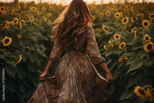 Stunning brunette girl escaping through a golden sea of sunflowers towards the setting sun