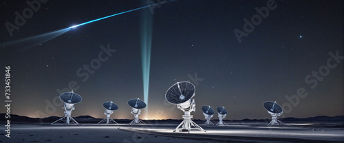 collection Set of Radio telescopes at night with starry nights releasing with hologram hud as wide banner for space research and discovery and futuristic communication concepts 