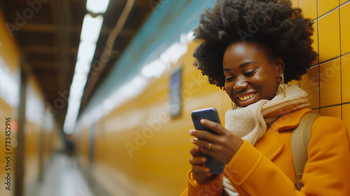 African American woman at a metro station smiles and writes from a smartphone, answers messages, copy space