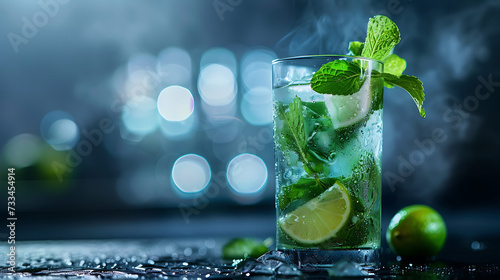 A refreshing mojito cocktail served in a tall glass, garnished with a sprig of fresh mint and a slice of lime