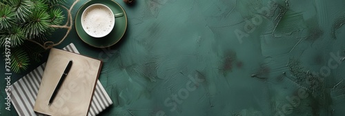 Extra wide banner header flatlay image with dark color scheme using leather and linen design details ideal for modern contemporary business or corporate product mockup, scene creator, text background 