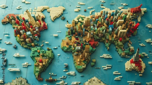 World map made of cubes. All continents of the toys world