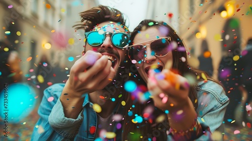 Joyful couple celebrating with colorful confetti on a vibrant city street