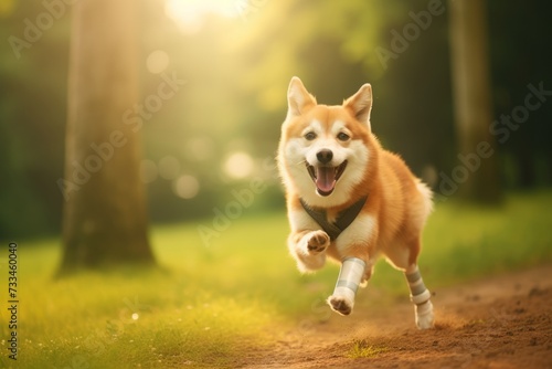Energetic Corgi with a prosthetic legs running joyfully in the park. Concept of pet resilience, animal prosthetics, and active lifestyle for dogs.