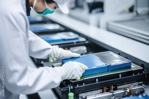 Asian engineer working with EV battery cells in lab