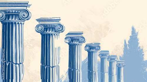 Greek American Heritage Month. Blue and white background with greek columns illustration. Simple. minimalist. Copy space 