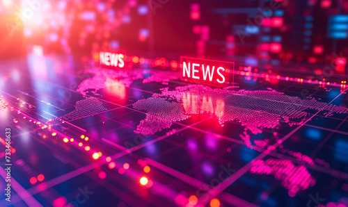 Global digital news concept with bold NEWS lettering overlaying a binary code matrix, world map, and financial graphs representing instant access to international information