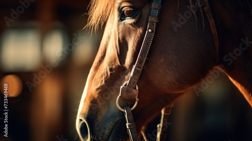 A close up of a horse with bridle and reins in hand, AI