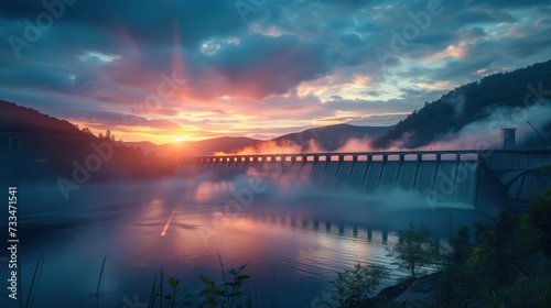 Sustainable energy flow: A panoramic view of a hydroelectric dam at dawn, water's power harnessed