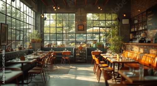 A cozy cafe scene with mismatched chairs and tables scattered across the floor, a large window providing natural light and views of the bustling street outside, creating a charming and inviting atmos
