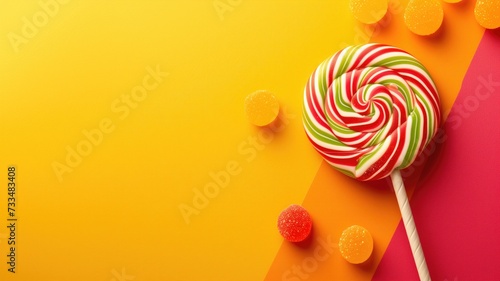 A vibrant lollipop and candies on a colorful background