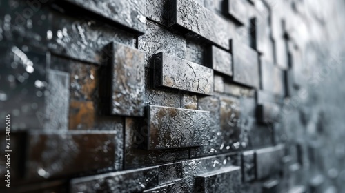 Textured 3D Wall with Cubic Patterns and Water Droplets and grey background Melty metallic textures elevate interior design with sleek modernity,
