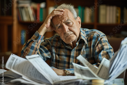 Senior worried man with a pile of bills or tax papers looking confused or overwhelmed, being in debt or behind on taxes or bills