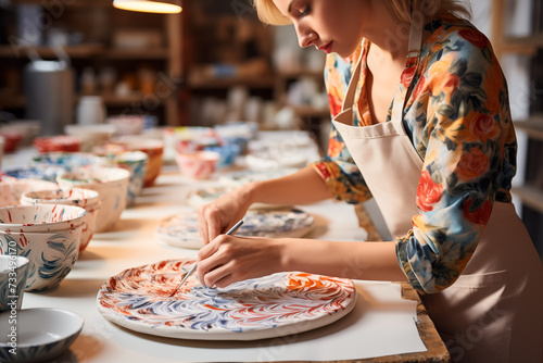 30-year-old woman in apron painting a ceramic plate or tray made in her pottery studio. Generative Ai.