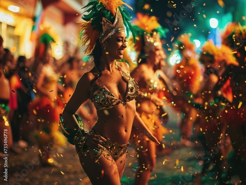Samba Spectacle: Brazilian Carnival Unveiled - Dancers Bedazzle in Exotic Feather Costumes, Creating a Vibrant Celebration of Rhythm, Culture, and Festive Joy