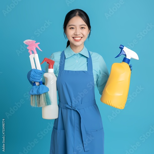 woman housekeeping processional cleaner with mop and bucket and spray photo