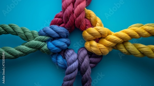 Team rope diverse strength connect partnership together teamwork unity communicate support. Strong diverse network rope team concept integrate braid color background cooperation empower power. Join