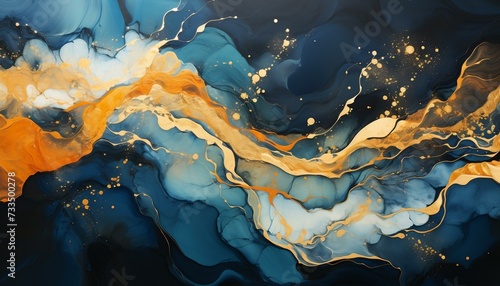 Abstract Waves Painting Background in White Gold and Blue Colors