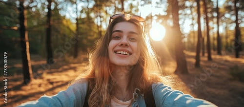 A joyful girl capturing a self-portrait outdoors.