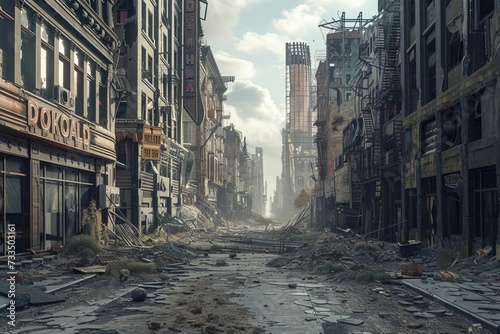 Post-apocalyptic cityscape showing a devastated urban environment with crumbling buildings and deserted streets Evoking a sense of desolation and survival in a dystopian world