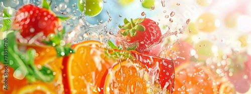 A variety of oranges and strawberries are being splashed with water, creating a refreshing and vibrant image of fruit being washed.