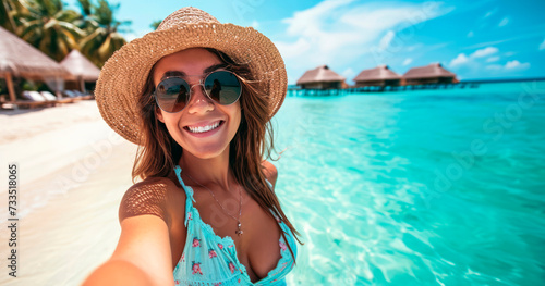 Maldives Island Selfie: Native Woman Radiates Happiness, Taking a Joyful Selfie on the Beautiful Shores of Maldives, Embracing the Coastal Paradise.