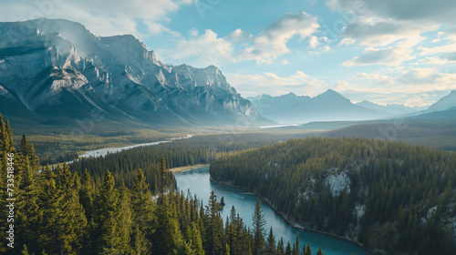 Banff National Park, Canada. View from drone. Glacial lakes, snow-capped mountains, alpine meadows, and dense forests