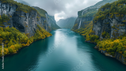 Norwegian Fjords, Deep fjords, dramatic cliffs, waterfalls, and picturesque coastal landscapes. Aerial view.