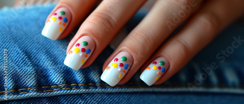 Woman's nails with beautiful manicure, white nail polish, gel with with colorful dots on jeans. AI generated