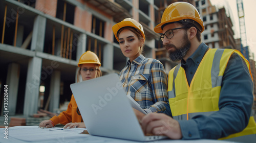 Team of engineers, man and woman, planning and organizing the work to be carried out on a construction site, using a laptop. Concept of labor day, equality, cooperation...