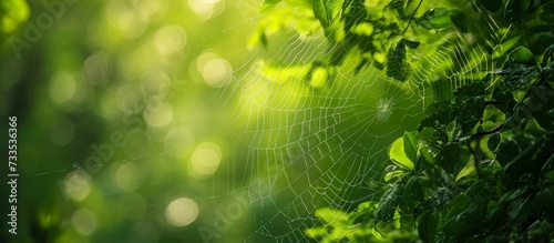 Lush green foliage and trees' backdrop with a spider web