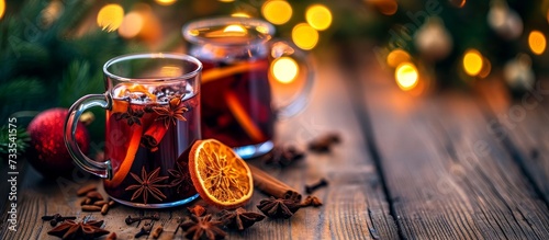 Creating greeting cards sparked by the ambiance of Christmas hot mulled wine on a wooden table with spices.